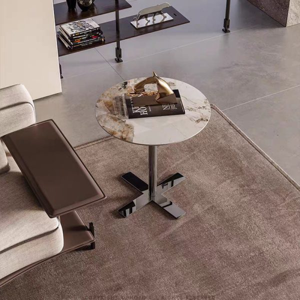 Modern Minimalist Round Rock Slab Stainless Steel Base End Table 1-Tier For Living Room - Image 9