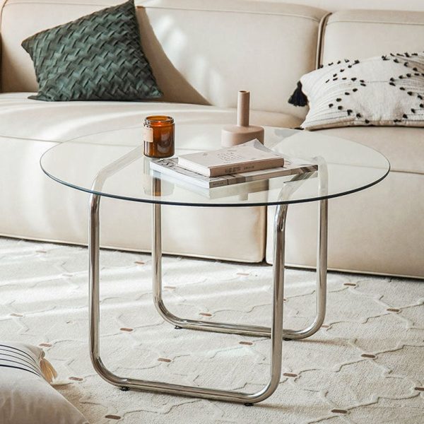 Contemporary Scandinavian Round Glass Stainless Steel Coffee Table 1-Tier For Living Room - Image 11