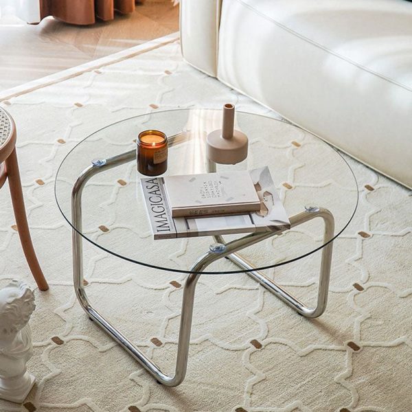 Contemporary Scandinavian Round Glass Stainless Steel Coffee Table 1-Tier For Living Room - Image 3