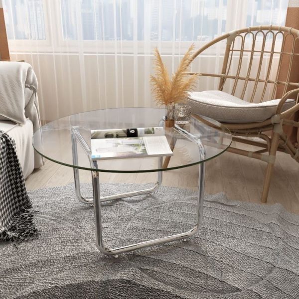 Contemporary Scandinavian Round Glass Stainless Steel Coffee Table 1-Tier For Living Room - Image 17