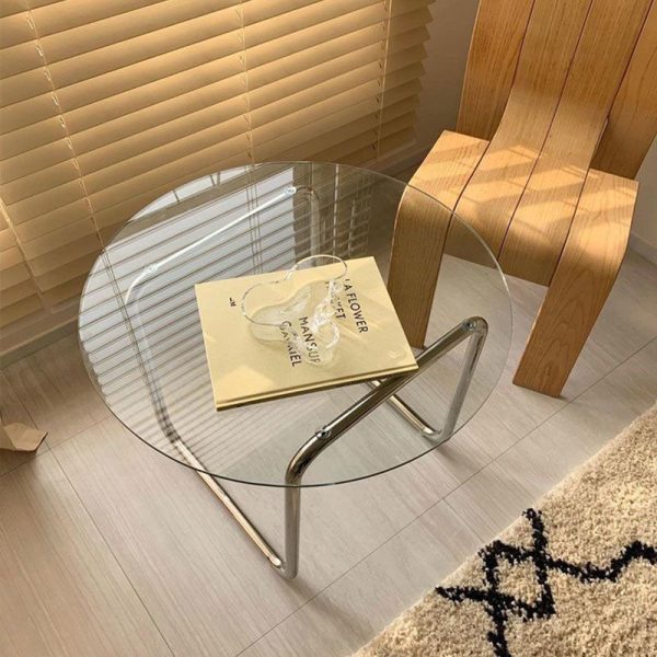 Contemporary Scandinavian Round Glass Stainless Steel Coffee Table 1-Tier For Living Room - Image 19