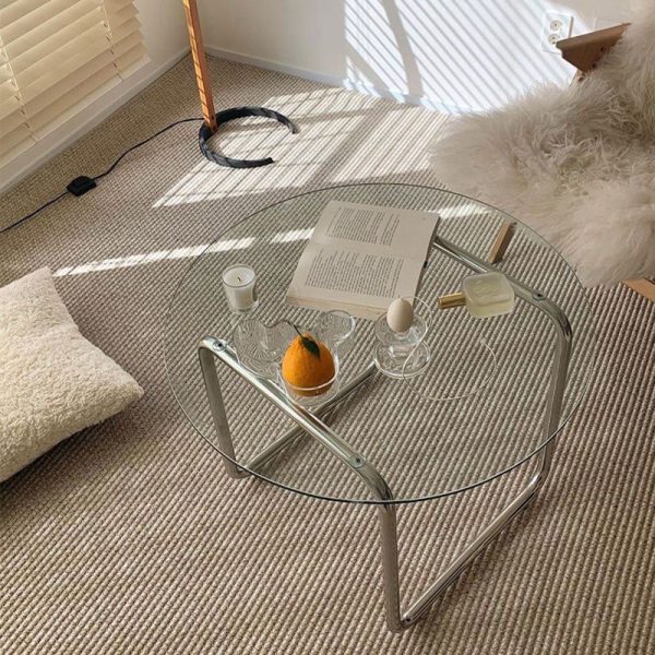 Contemporary Scandinavian Round Glass Stainless Steel Coffee Table 1-Tier For Living Room - Image 12
