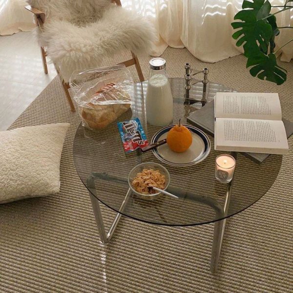 Contemporary Scandinavian Round Glass Stainless Steel Coffee Table 1-Tier For Living Room - Image 2