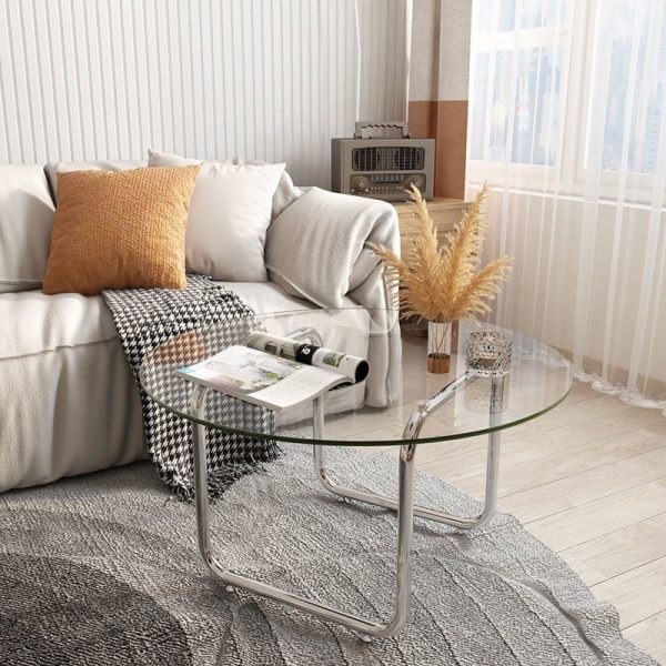 Contemporary Scandinavian Round Glass Stainless Steel Coffee Table 1-Tier For Living Room - Image 5