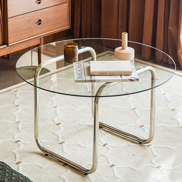 Contemporary Scandinavian Round Glass Stainless Steel Coffee Table 1-Tier For Living Room - Image 15