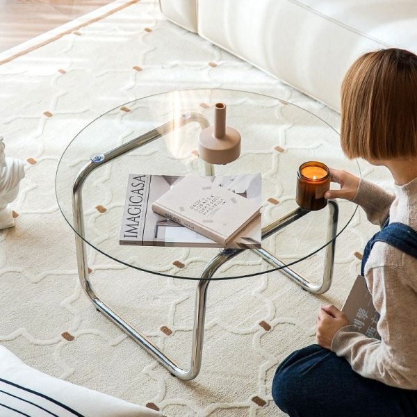 Contemporary Scandinavian Round Glass Stainless Steel Coffee Table 1-Tier For Living Room - Image 16