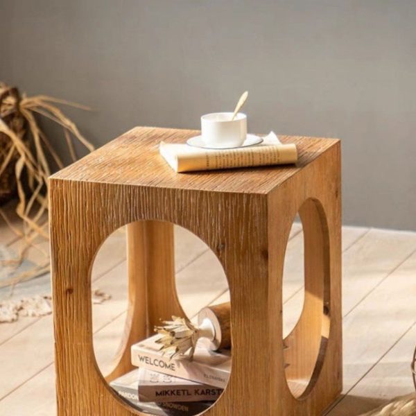Traditional Japanese Square Solid Wood Side Table 2-Tier For Living Room - Image 4