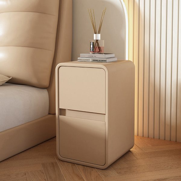 Contemporary Scandinavian Rectangular Leather Wood Nightstand 2-Drawer For Bedroom - Image 9