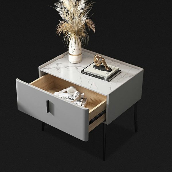 Modern Luxury Rectangular Marble Leather Iron Solid Wood Nightstand 1-Drawer For Bedroom - Image 9