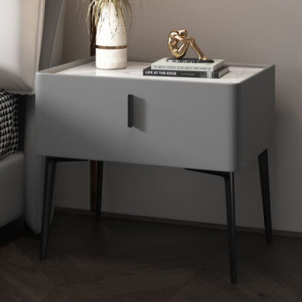 Modern Luxury Rectangular Marble Leather Iron Solid Wood Nightstand 1-Drawer For Bedroom - Image 3