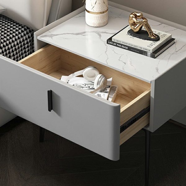 Modern Luxury Rectangular Marble Leather Iron Solid Wood Nightstand 1-Drawer For Bedroom - Image 10