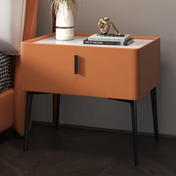 Modern Luxury Rectangular Marble Leather Iron Solid Wood Nightstand 1-Drawer For Bedroom - Image 13