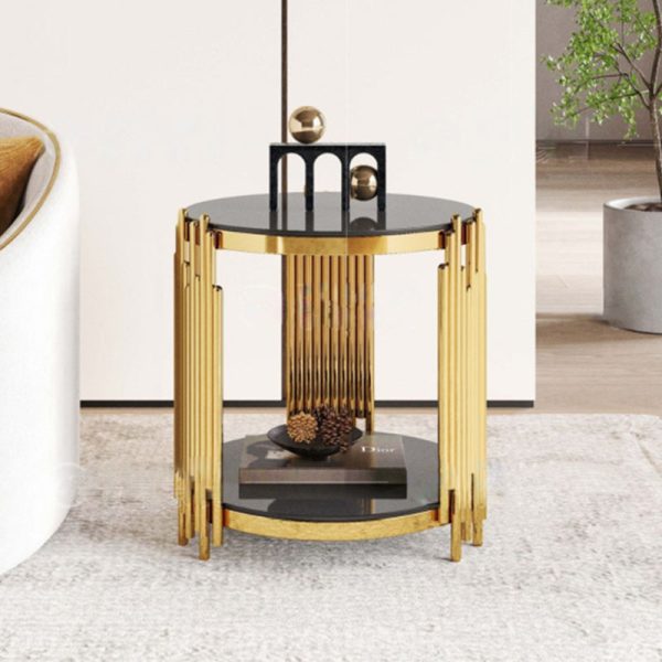 Contemporary Scandinavian Round Cylinder Note Glass Stainless Steel Coffee Table 2-Tier For Living Room - Image 2