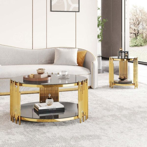 Contemporary Scandinavian Round Cylinder Note Glass Stainless Steel Coffee Table 2-Tier For Living Room - Image 9
