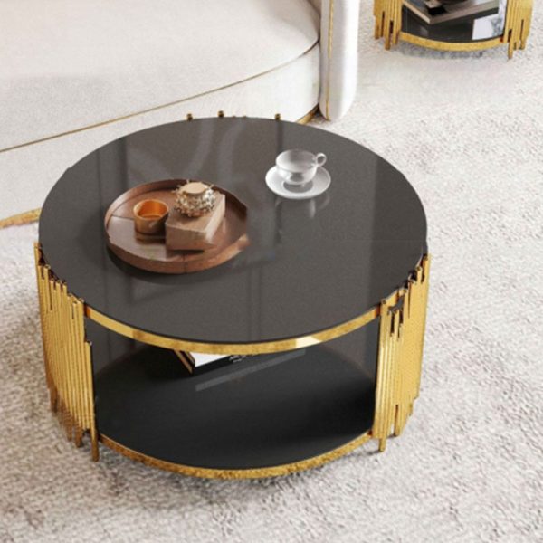 Contemporary Scandinavian Round Cylinder Note Glass Stainless Steel Coffee Table 2-Tier For Living Room - Image 3