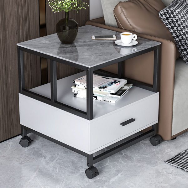 Modern Minimalist Square Rectangular Rock Slab Solid Wood Metal Side Table 2-Tier For Living Room - Image 4