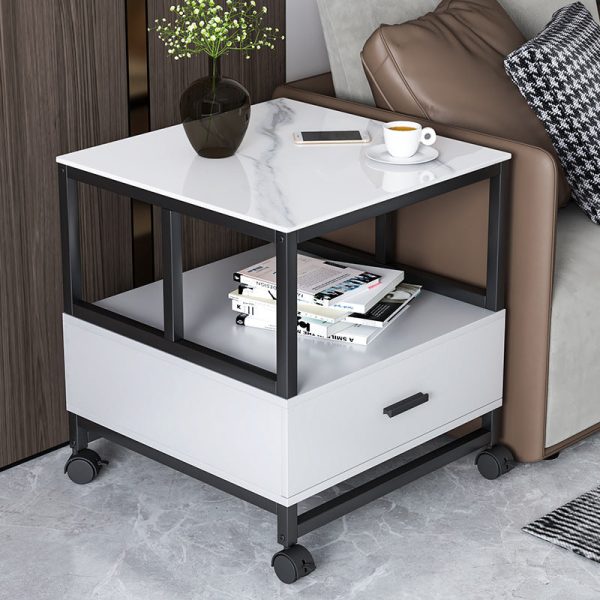 Modern Minimalist Square Rectangular Rock Slab Solid Wood Metal Side Table 2-Tier For Living Room - Image 13