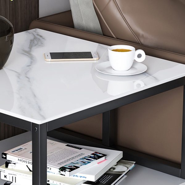 Modern Minimalist Square Rectangular Rock Slab Solid Wood Metal Side Table 2-Tier For Living Room - Image 8