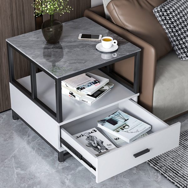 Modern Minimalist Square Rectangular Rock Slab Solid Wood Metal Side Table 2-Tier For Living Room - Image 11