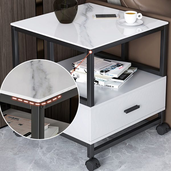 Modern Minimalist Square Rectangular Rock Slab Solid Wood Metal Side Table 2-Tier For Living Room - Image 9