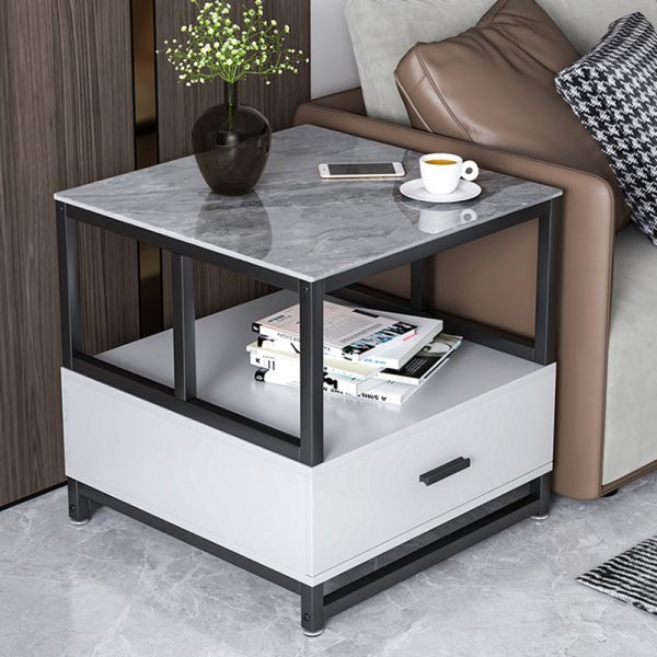 Modern Minimalist Square Rectangular Rock Slab Solid Wood Metal Side Table 2-Tier For Living Room - Image 2