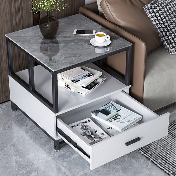 Modern Minimalist Square Rectangular Rock Slab Solid Wood Metal Side Table 2-Tier For Living Room - Image 10