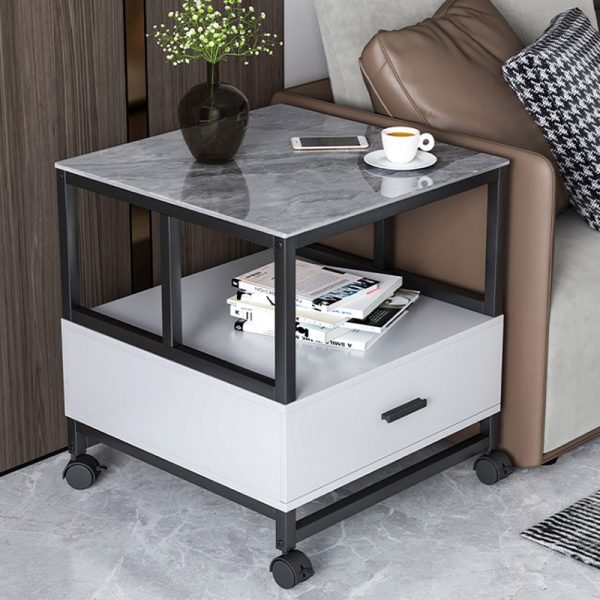 Modern Minimalist Square Rectangular Rock Slab Solid Wood Metal Side Table 2-Tier For Living Room - Image 15