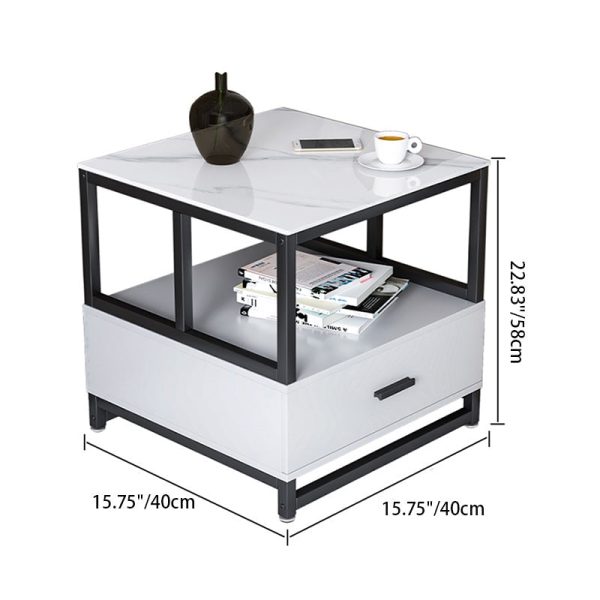 Modern Minimalist Square Rectangular Rock Slab Solid Wood Metal Side Table 2-Tier For Living Room - Image 5