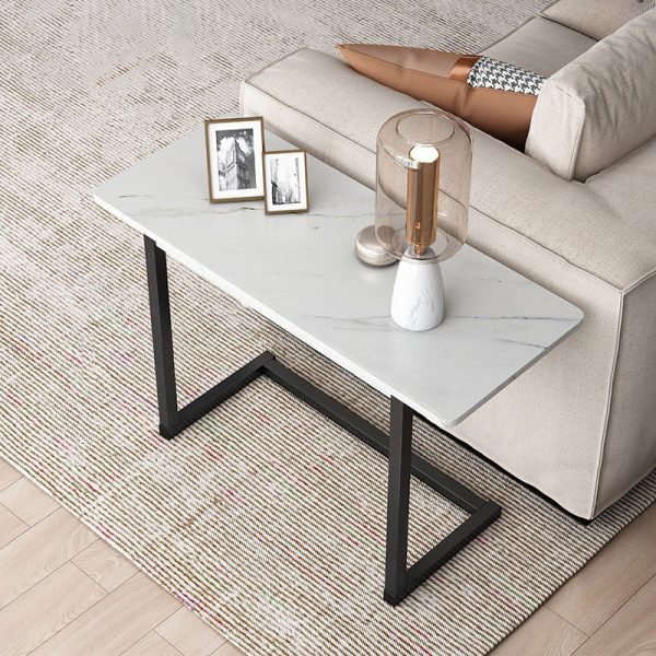 Modern Minimalist Rectangular Stone Rock Slab Iron Side Table 1-Tier For Living Room - Image 9