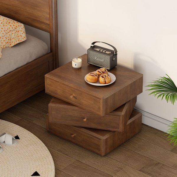 Contemporary Retro Square Solid Wood Rotatable Nightstand 3-Drawer Multifunctional Storage Cabinet For Bedroom - Image 2