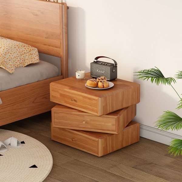 Contemporary Retro Square Solid Wood Rotatable Nightstand 3-Drawer Multifunctional Storage Cabinet For Bedroom - Image 5