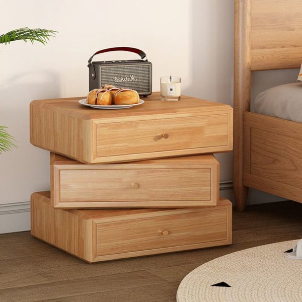 Contemporary Retro Square Solid Wood Rotatable Nightstand 3-Drawer Multifunctional Storage Cabinet For Bedroom - Image 10