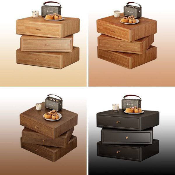 Contemporary Retro Square Solid Wood Rotatable Nightstand 3-Drawer Multifunctional Storage Cabinet For Bedroom - Image 13
