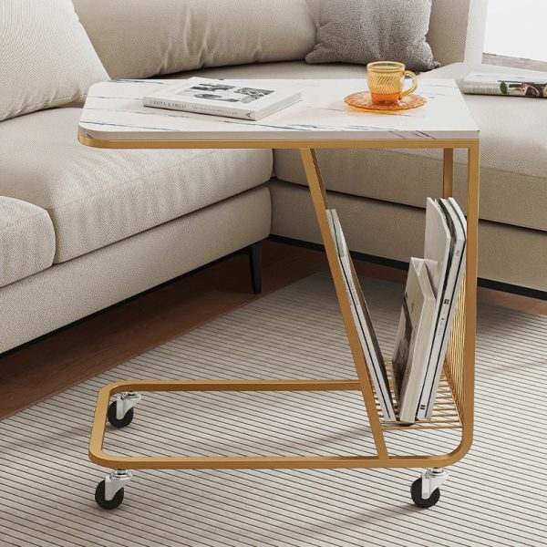 Contemporary Nordic Rounded Corner Sintered Stone Top Movable Side Table 2-Tier Storage Shelves For Living Room - Image 8