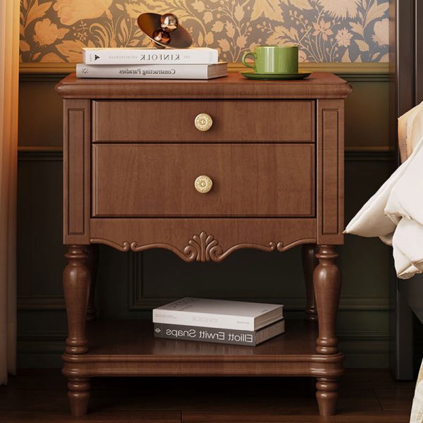 Traditional French Solid Wood Rectangle Nightstand 2-Drawer For Bedroom - Image 3