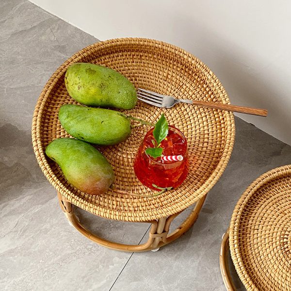 Contemporary Boho Round Rattan Weaving Wood Base Coffee Table For Living Room - Image 8