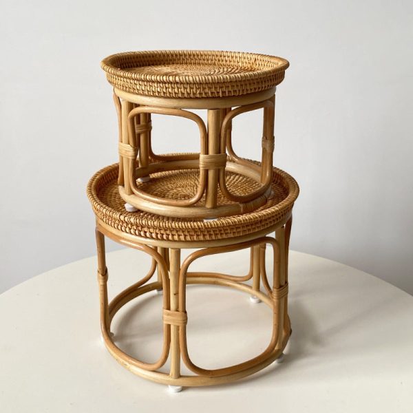 Contemporary Boho Round Rattan Weaving Wood Base Coffee Table For Living Room - Image 3