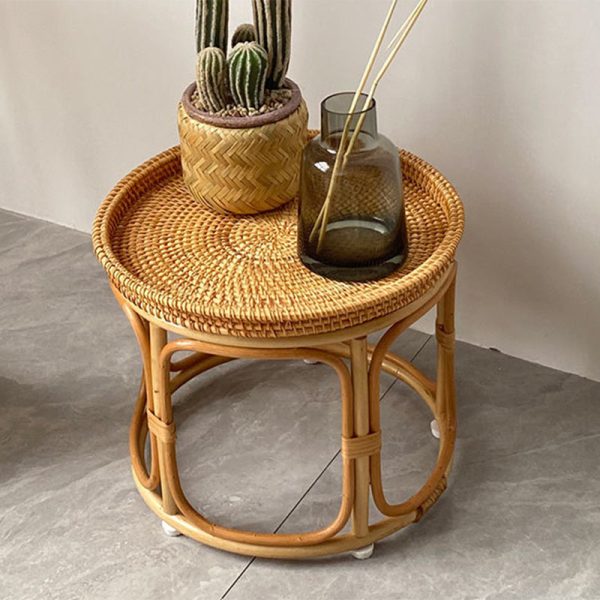 Contemporary Boho Round Rattan Weaving Wood Base Coffee Table For Living Room - Image 14