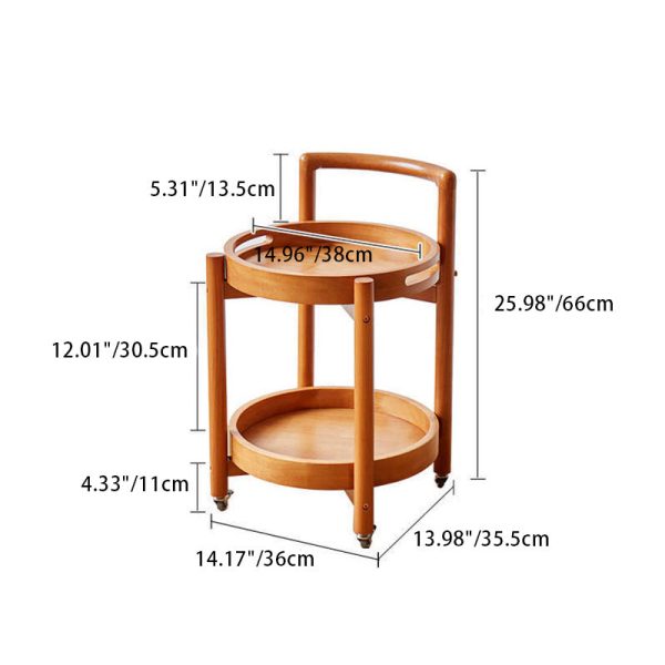 Traditional Vintage Round Solid Wood Tray Top End Table 2-Tier Rolling Cart For Living Room - Image 3