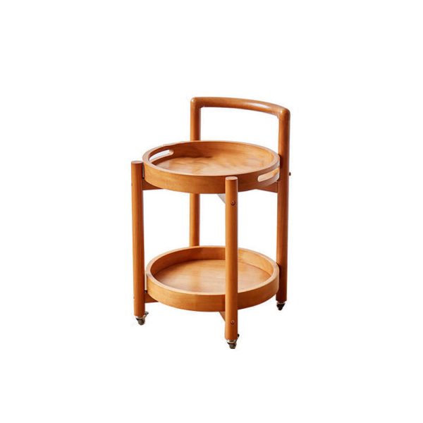 Traditional Vintage Round Solid Wood Tray Top End Table 2-Tier Rolling Cart For Living Room - Image 9