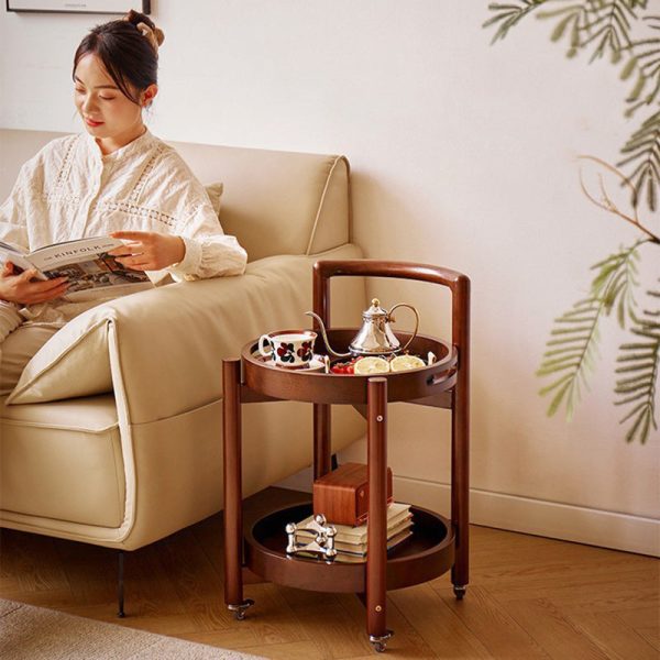 Traditional Vintage Round Solid Wood Tray Top End Table 2-Tier Rolling Cart For Living Room - Image 6