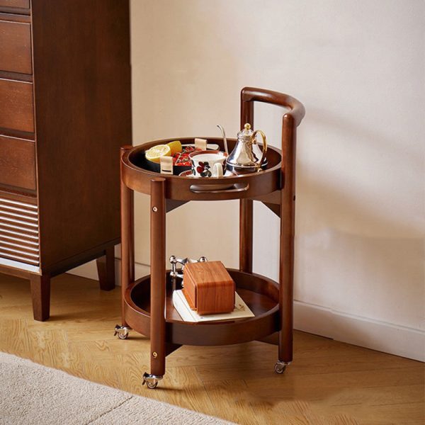 Traditional Vintage Round Solid Wood Tray Top End Table 2-Tier Rolling Cart For Living Room - Image 2