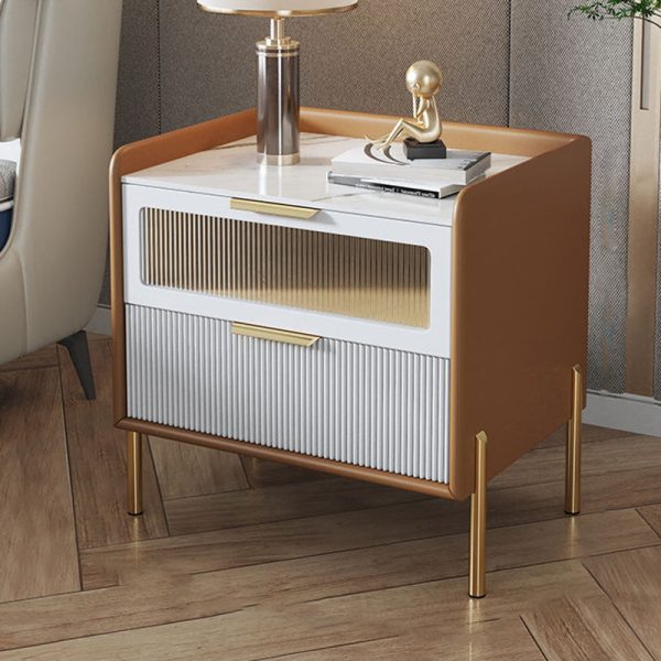 Contemporary Nordic Square Sintered Stone Top Solid Wood Frame Microfiber Leather Nightstand 2-Drawer For Bedroom