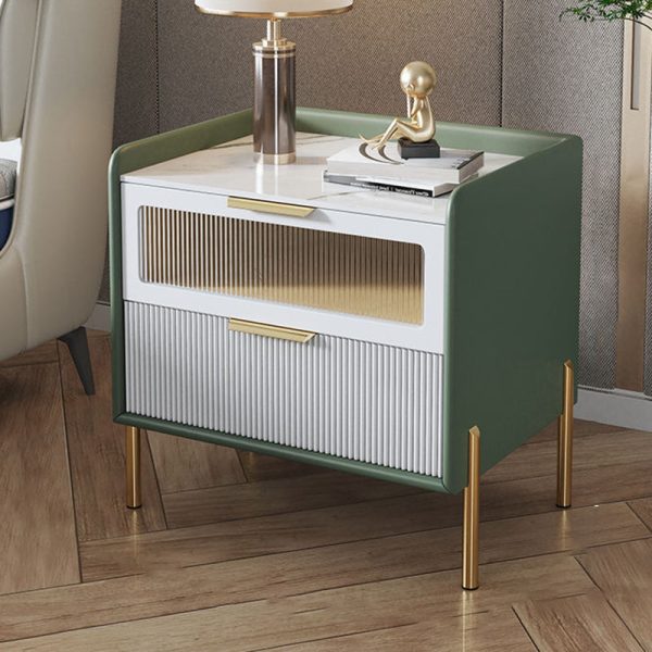 Contemporary Nordic Square Sintered Stone Top Solid Wood Frame Microfiber Leather Nightstand 2-Drawer For Bedroom - Image 7