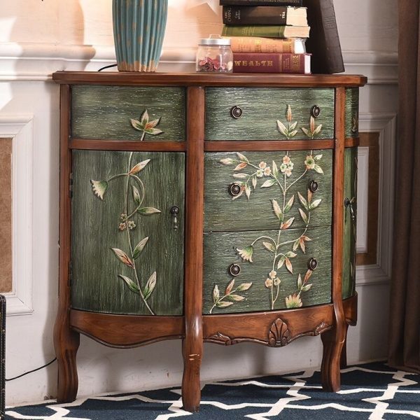 Traditional European Hand-Painted Mediterranean Solid Wood Half-Moon Console Table Storage Cabinet 3-Drawer For Hallway - Image 2