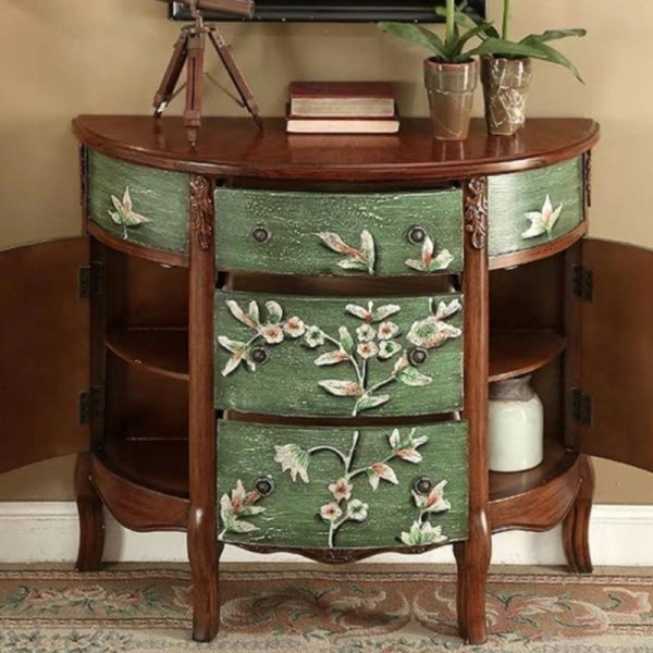 Traditional European Hand-Painted Mediterranean Solid Wood Half-Moon Console Table Storage Cabinet 3-Drawer For Hallway - Image 5