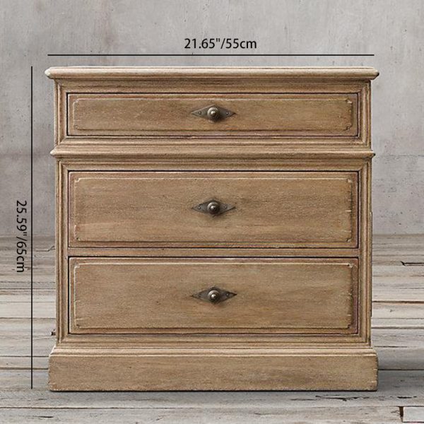 Traditional Rustic Full Solid Wood Square Nightstand 3-Drawer For Bedroom - Image 4