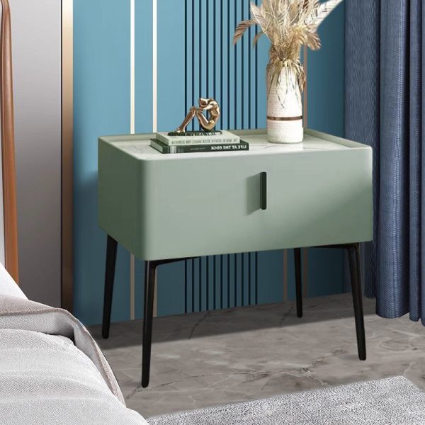 Contemporary Scandinavian Rectangular Sintered Stone Top Leather Veneered Nightstand Drawer For Bedroom - Image 2