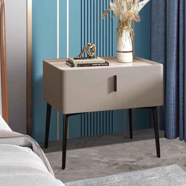 Contemporary Scandinavian Rectangular Sintered Stone Top Leather Veneered Nightstand Drawer For Bedroom - Image 3