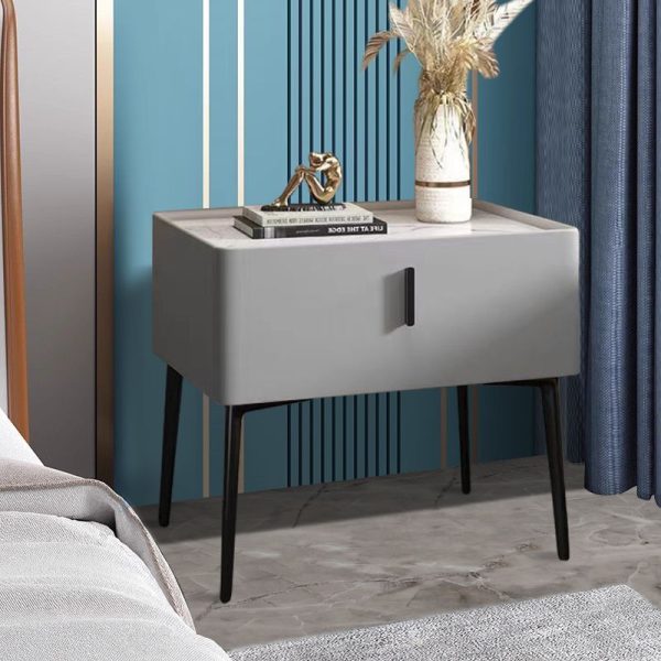 Contemporary Scandinavian Rectangular Sintered Stone Top Leather Veneered Nightstand Drawer For Bedroom - Image 7